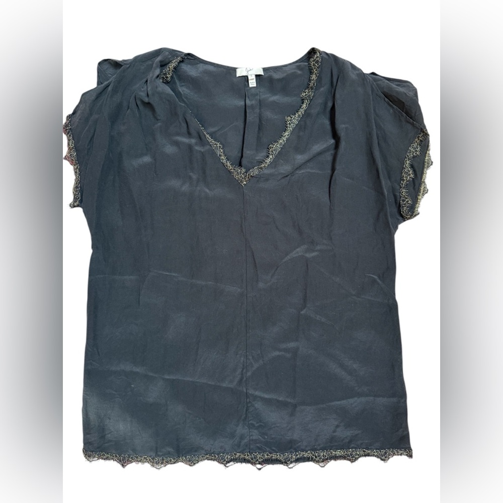 Joie Black V-Neck Lace-Trim Silk Blouse